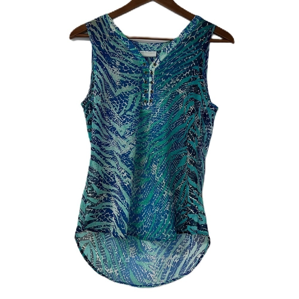 New York & Company Woman's sheer animal print sleeveless blue green tank size xs